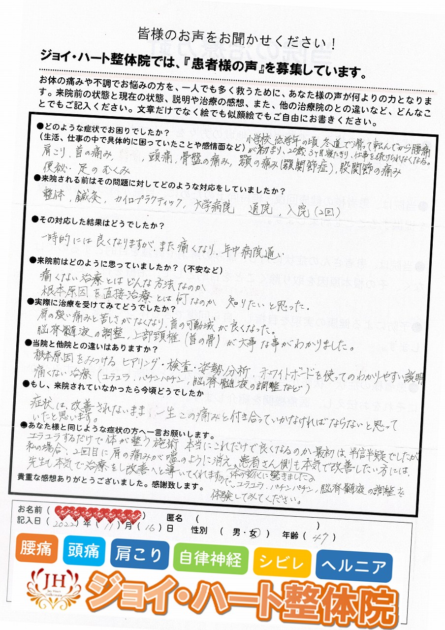 肩こり　首の痛み　腰痛、頭痛、骨盤の痛み、顎の痛み、股関節の痛み、便秘、足のむくみ